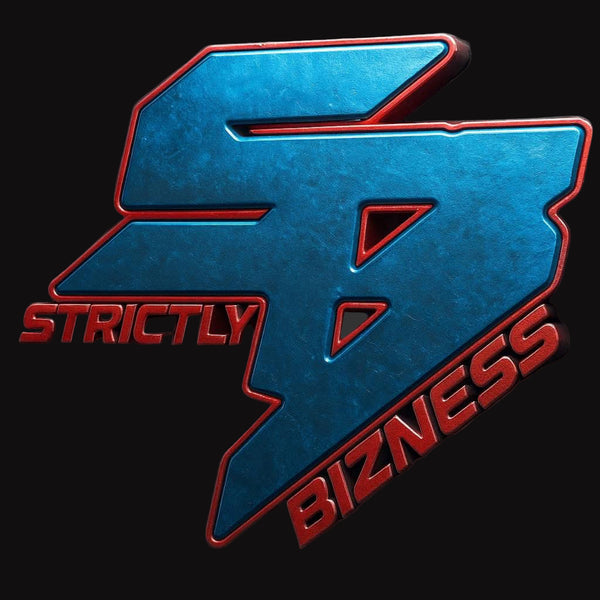 Blue and red logo with 'Strictly Bizness' text on a dark background